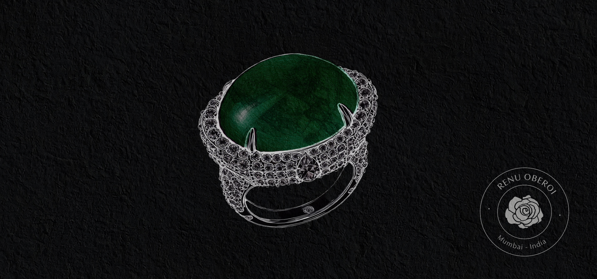 Ring with green gemstone and diamond-studded band on a black background
