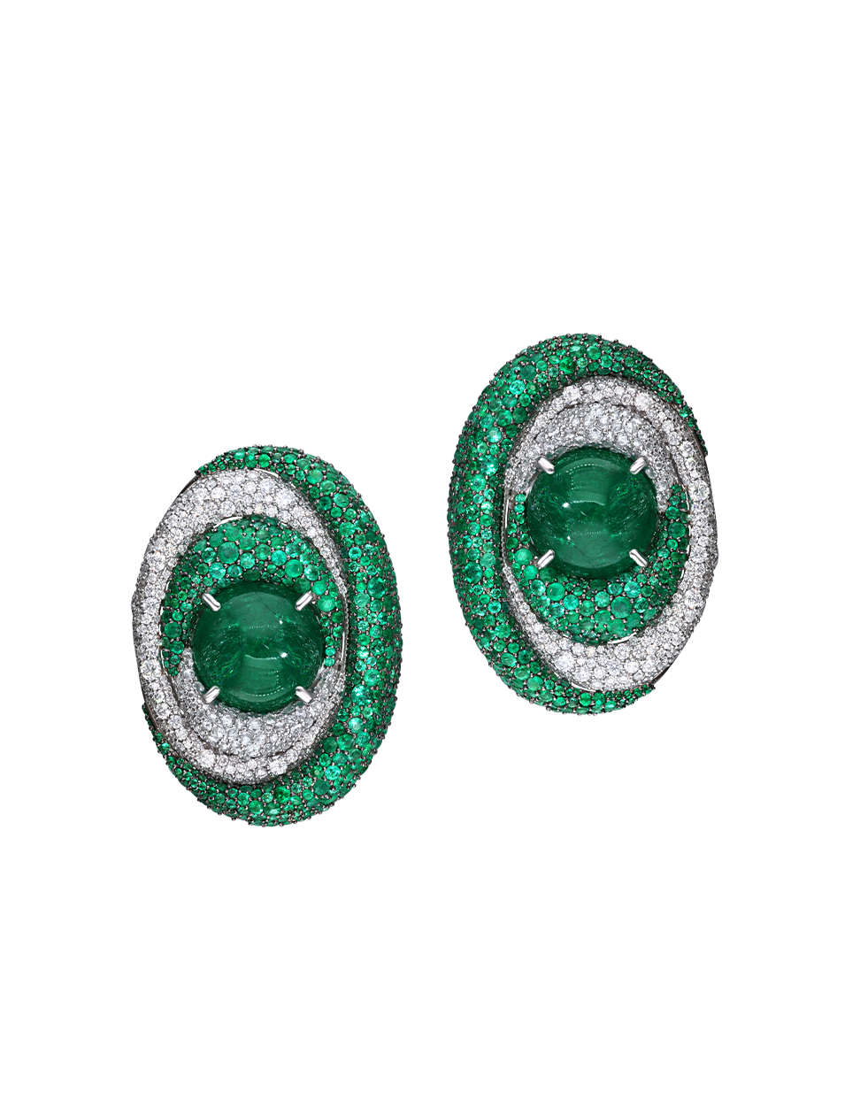 Pair of emerald and diamond earrings with swirl pattern
