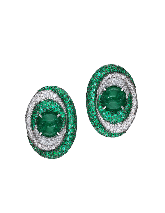 Pair of emerald and diamond earrings with swirl pattern