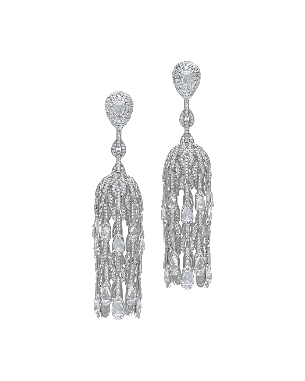 Pair of silver tassel earrings on a white background