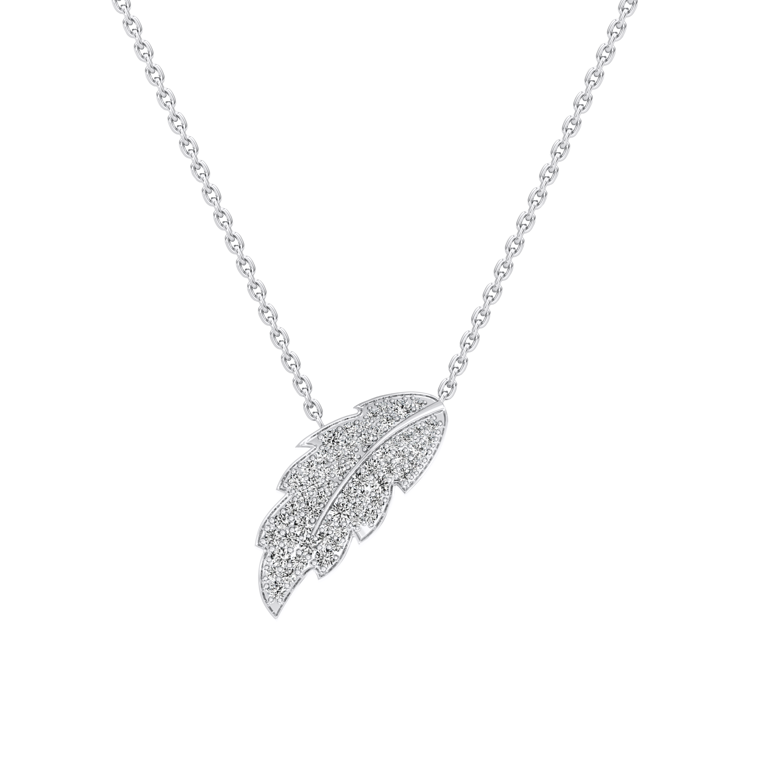Silver feather pendant necklace on a white background