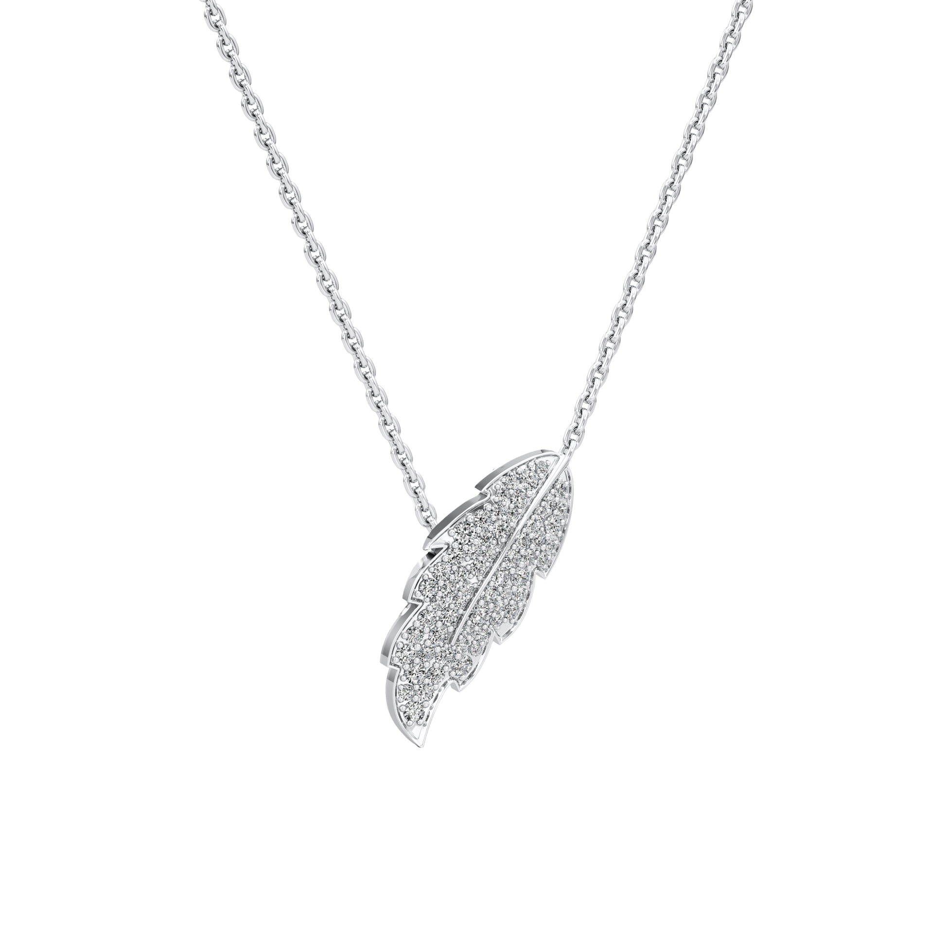 Silver feather-shaped pendant on a chain against a white background