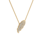 Gold necklace with a feather-shaped pendant on a white background