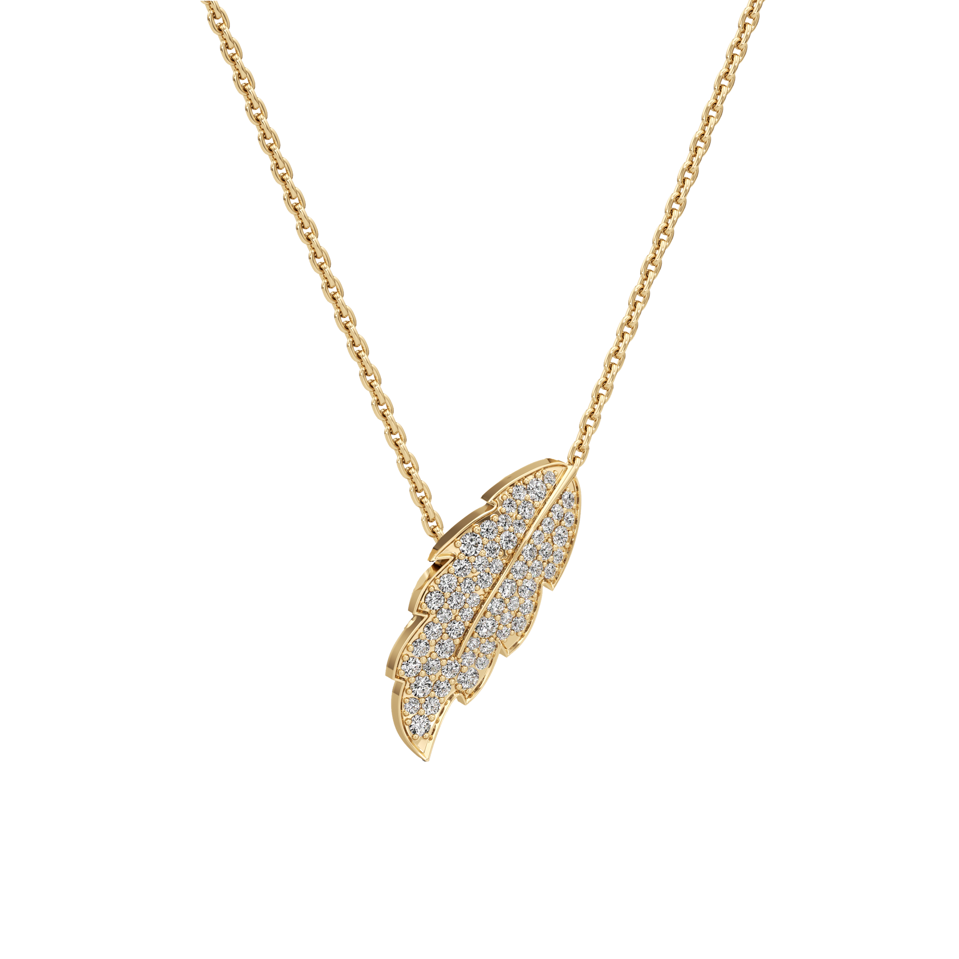 Gold necklace with a feather-shaped pendant on a white background