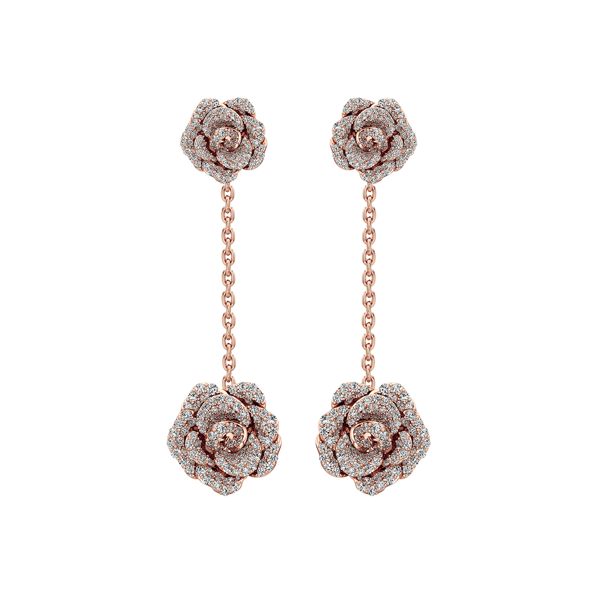 Rose gold rose-shaped earrings on a white background