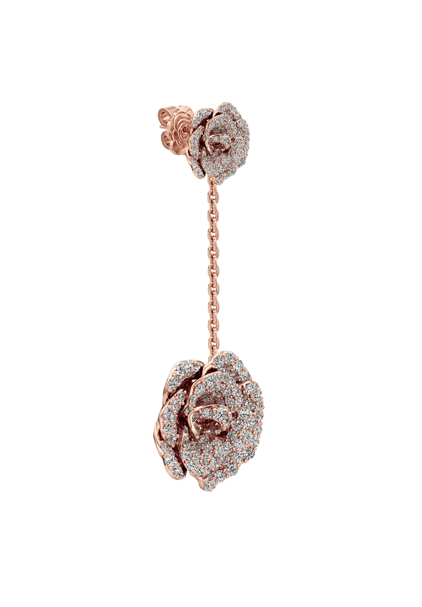 Rose gold earrings with diamond accents on a white background