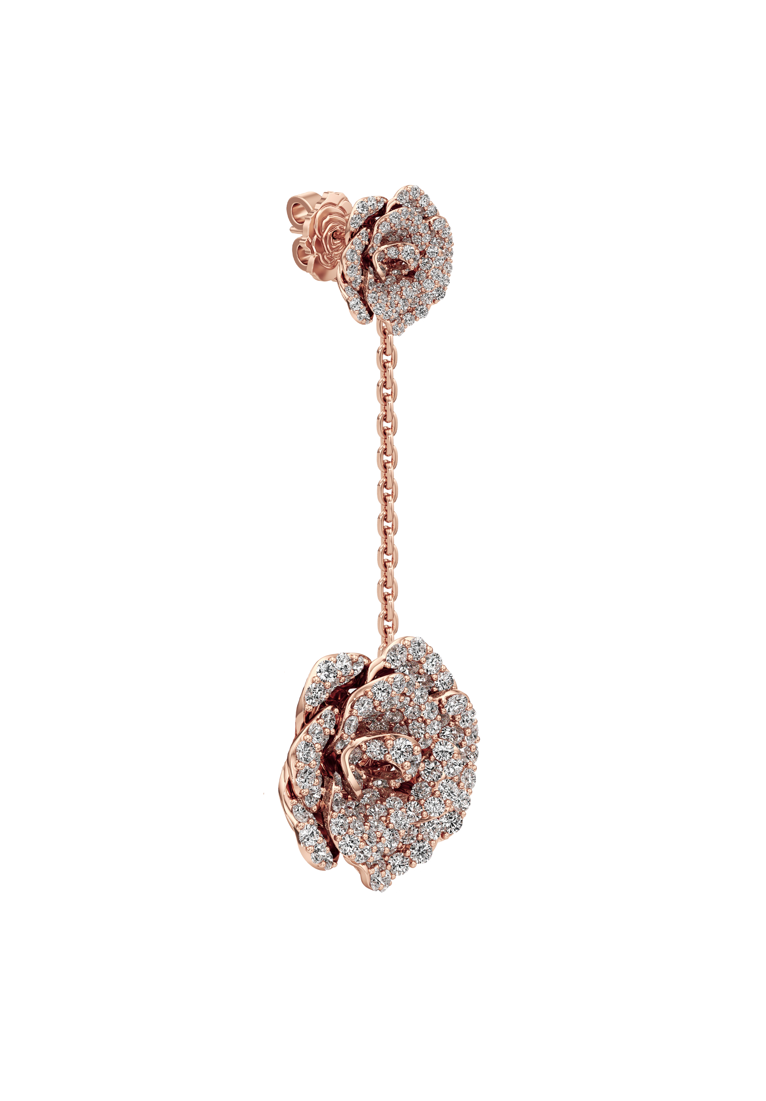 Rose gold earrings with diamond accents on a white background