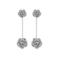 Silver rose-shaped earrings with chains on a white background