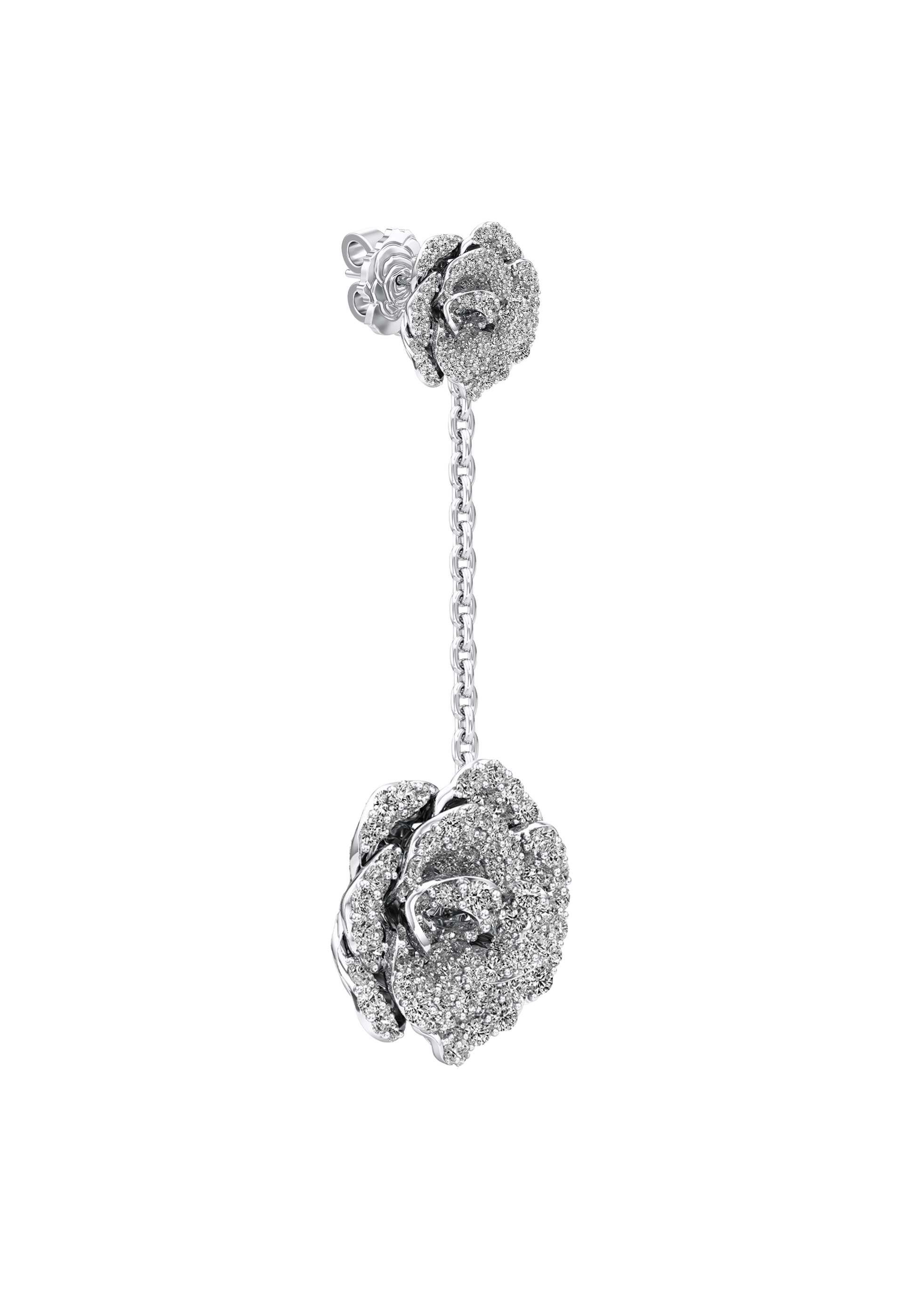 Pair of silver rose-shaped earrings on a white background