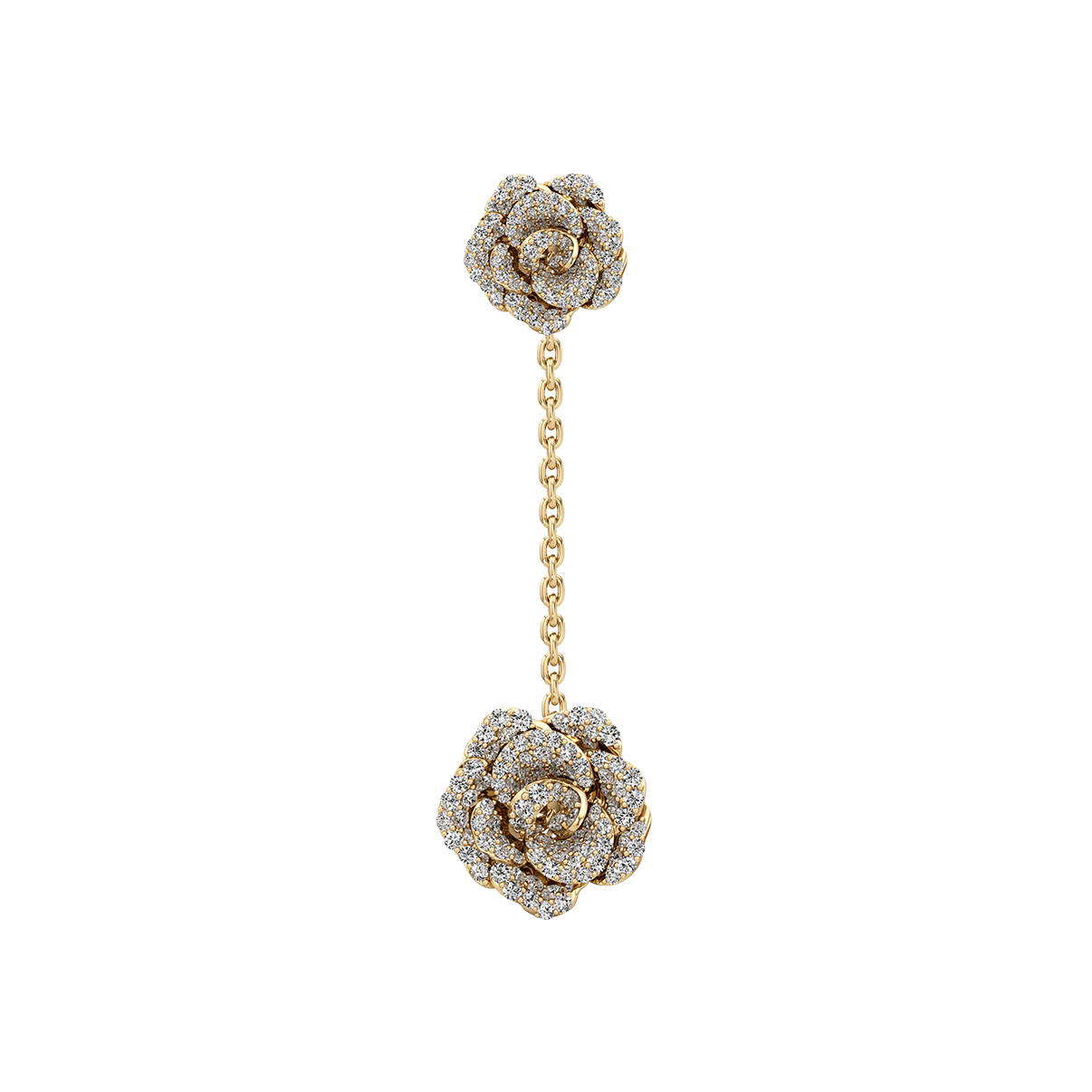 Pair of diamond-studded rose-shaped earrings on a white background
