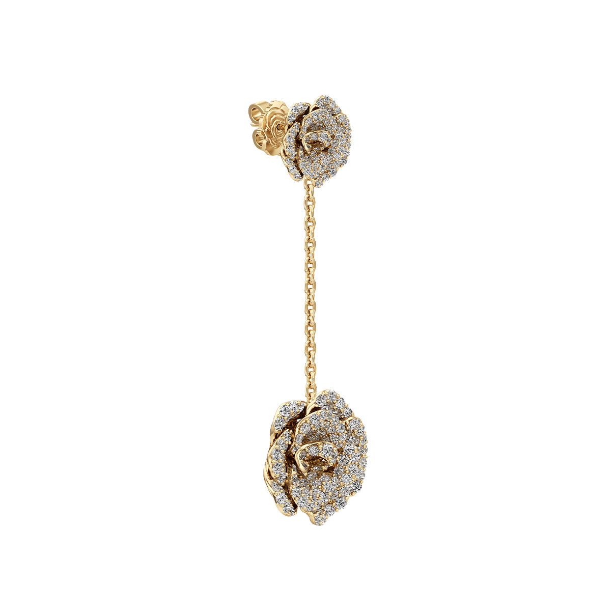 Gold and diamond flower-shaped earrings on a white background