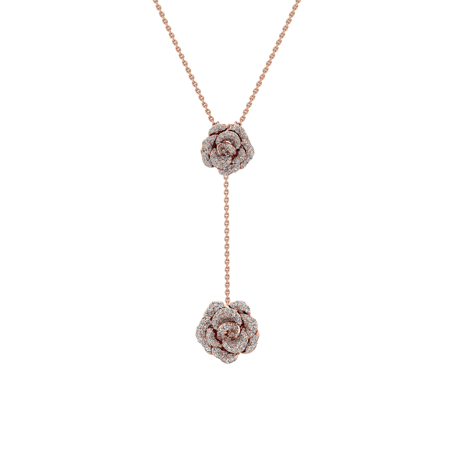 Rose gold necklace with diamond flower pendants on a white background