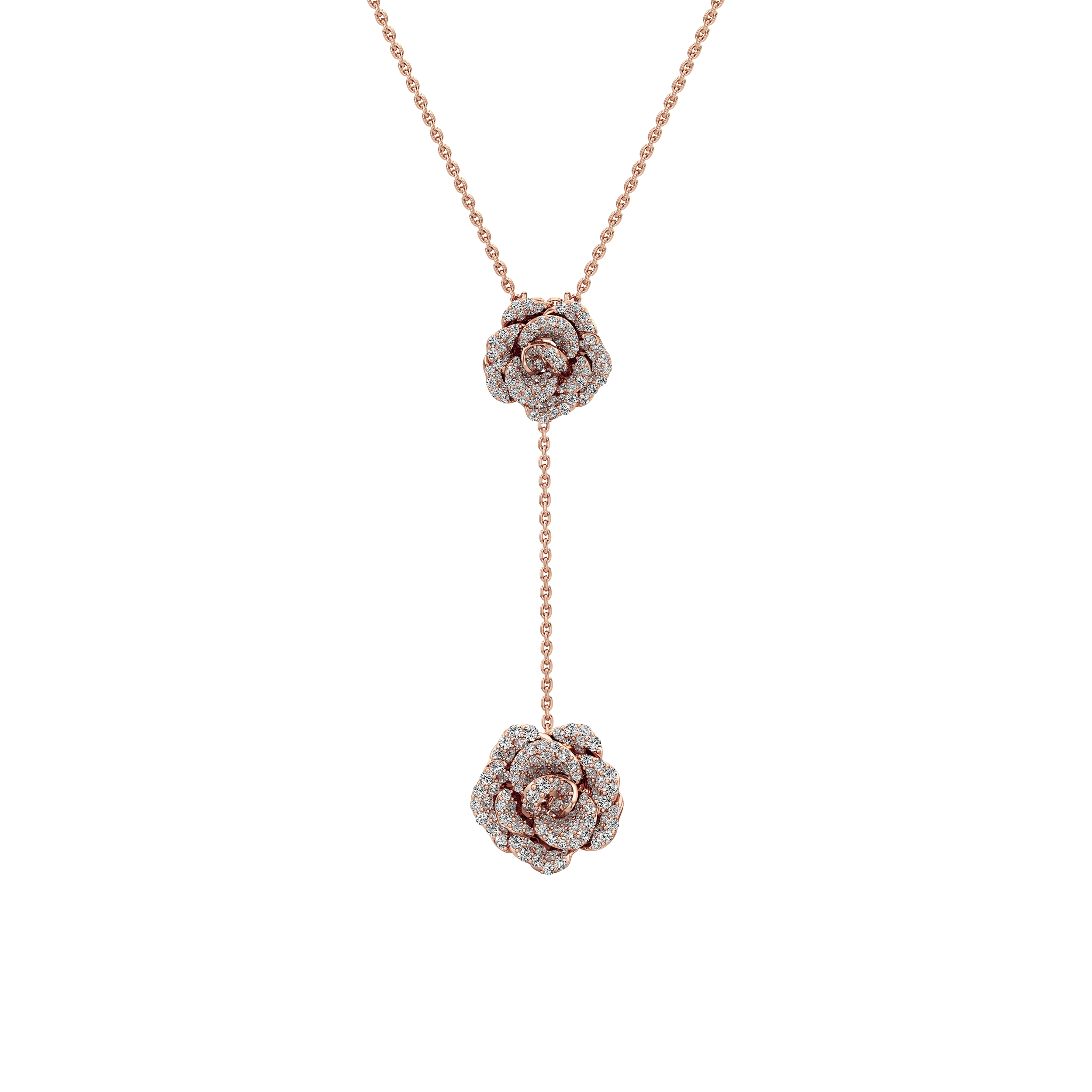 Rose gold necklace with diamond flower pendants on a white background