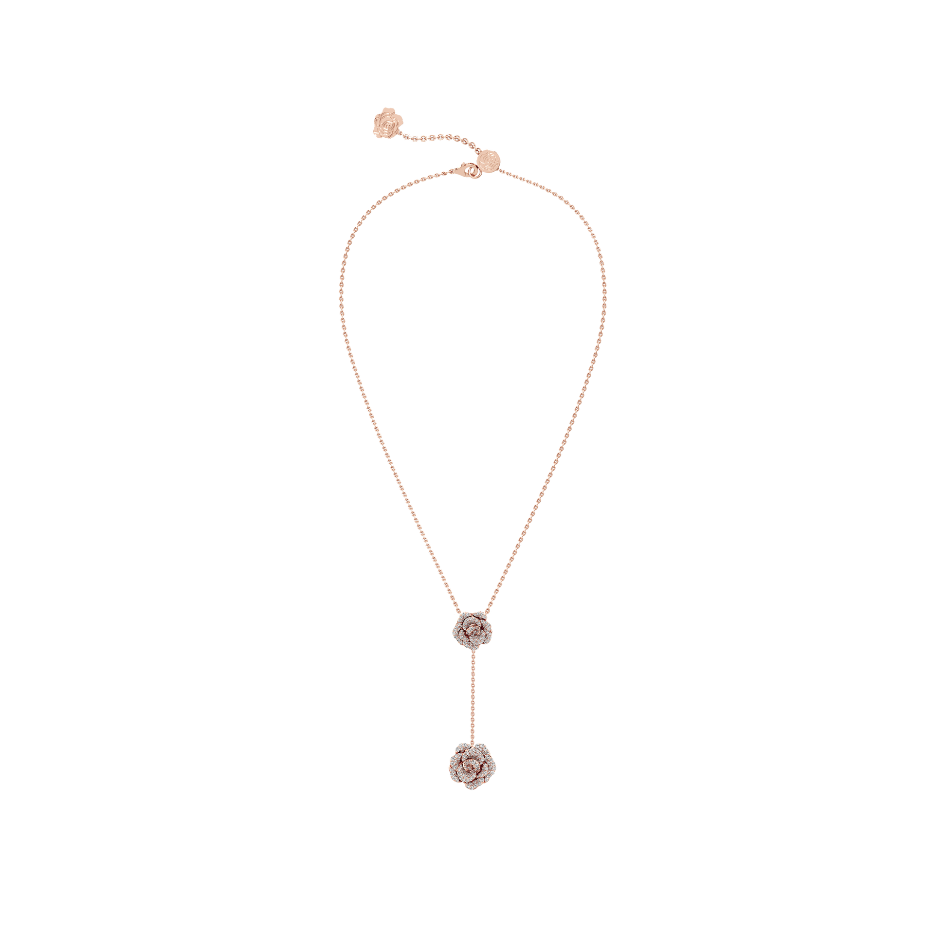 Rose gold necklace with floral pendants on a white background