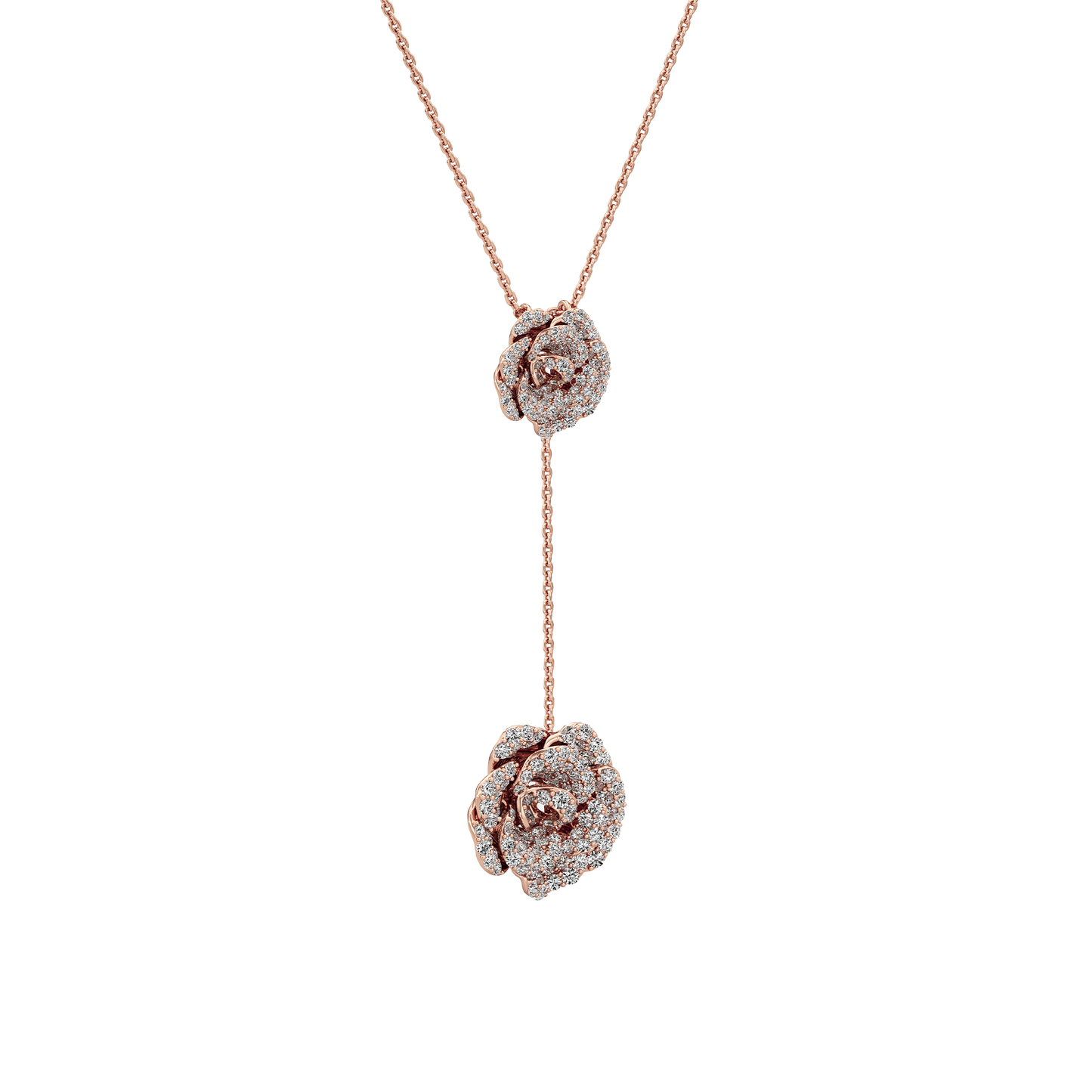 Rose gold necklace with floral pendant on a white background
