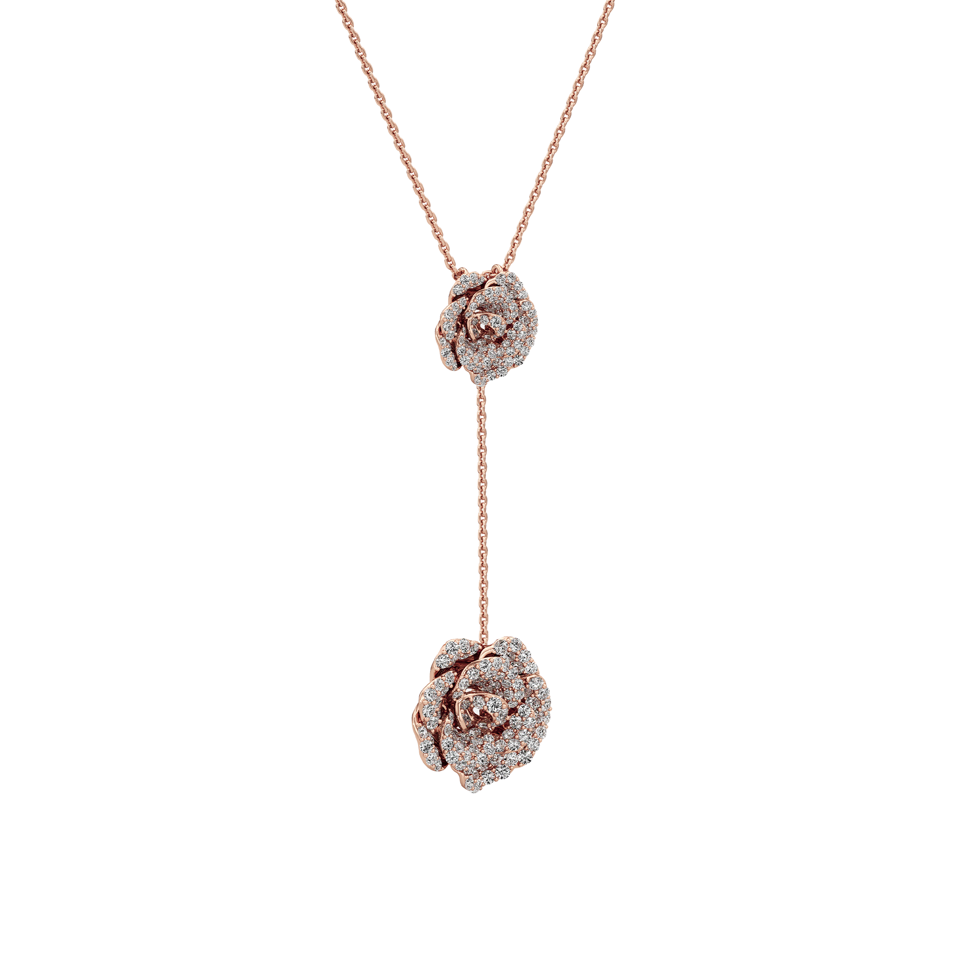 Rose gold necklace with floral pendant on a white background