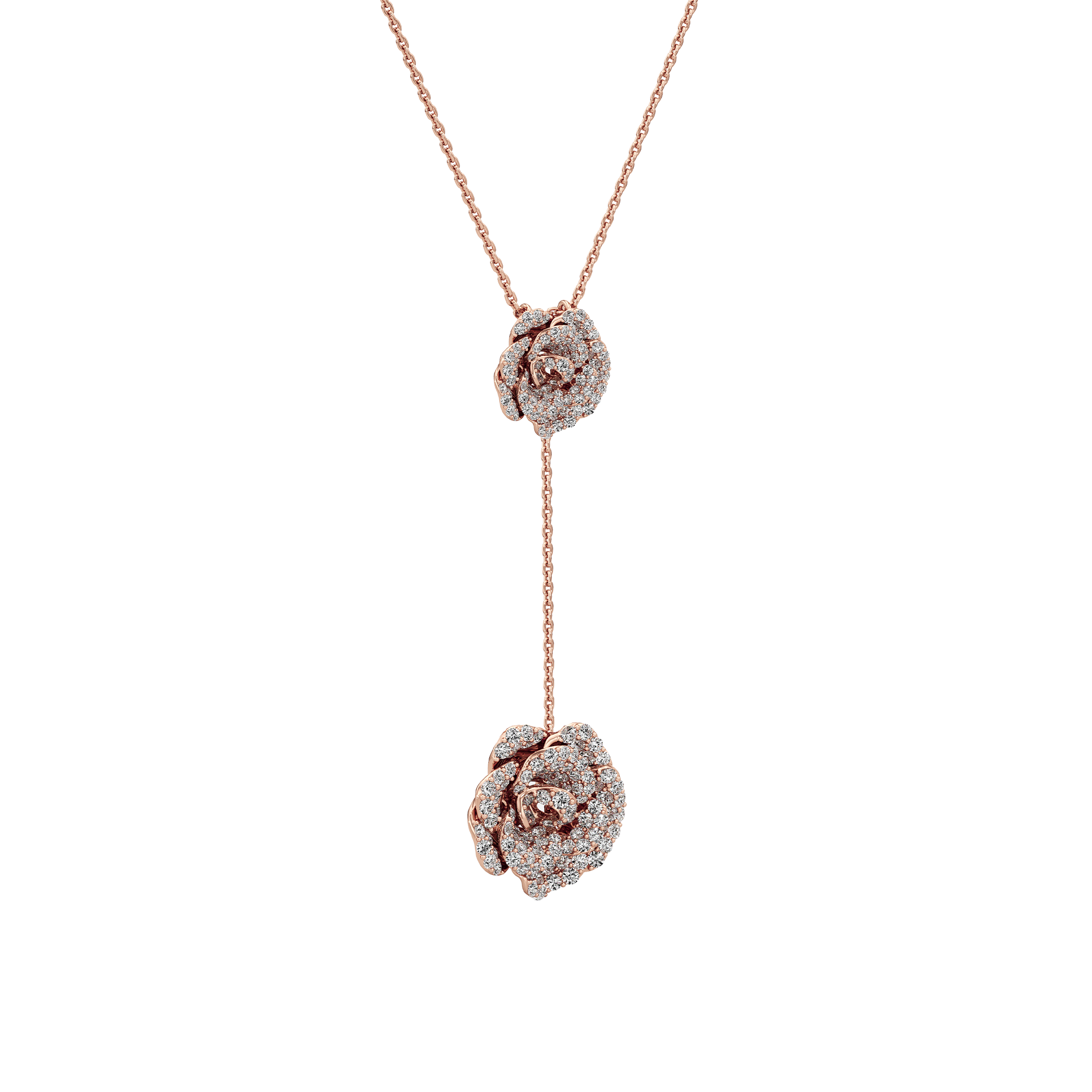 Rose gold necklace with floral pendant on a white background