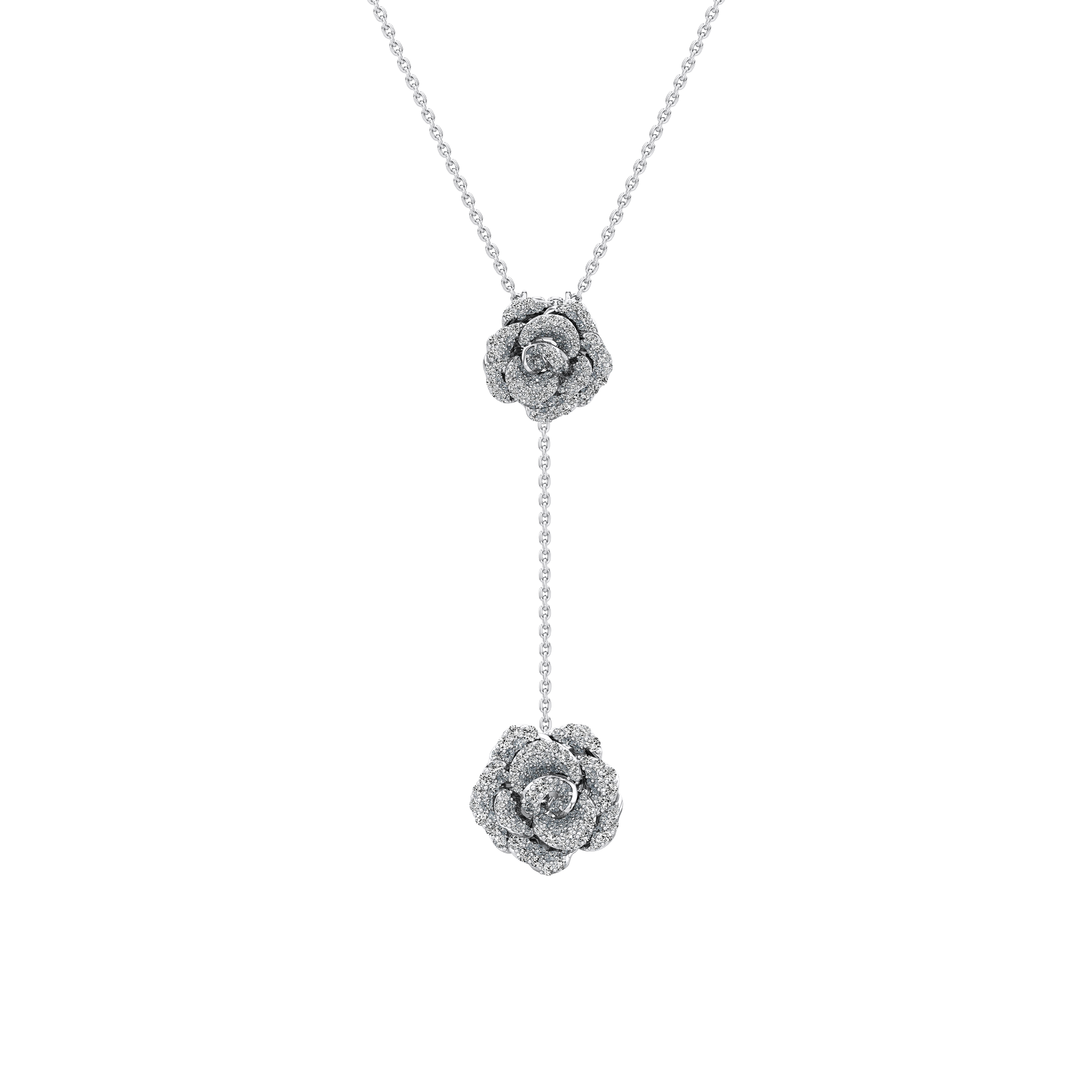 Silver necklace with floral pendants on a white background