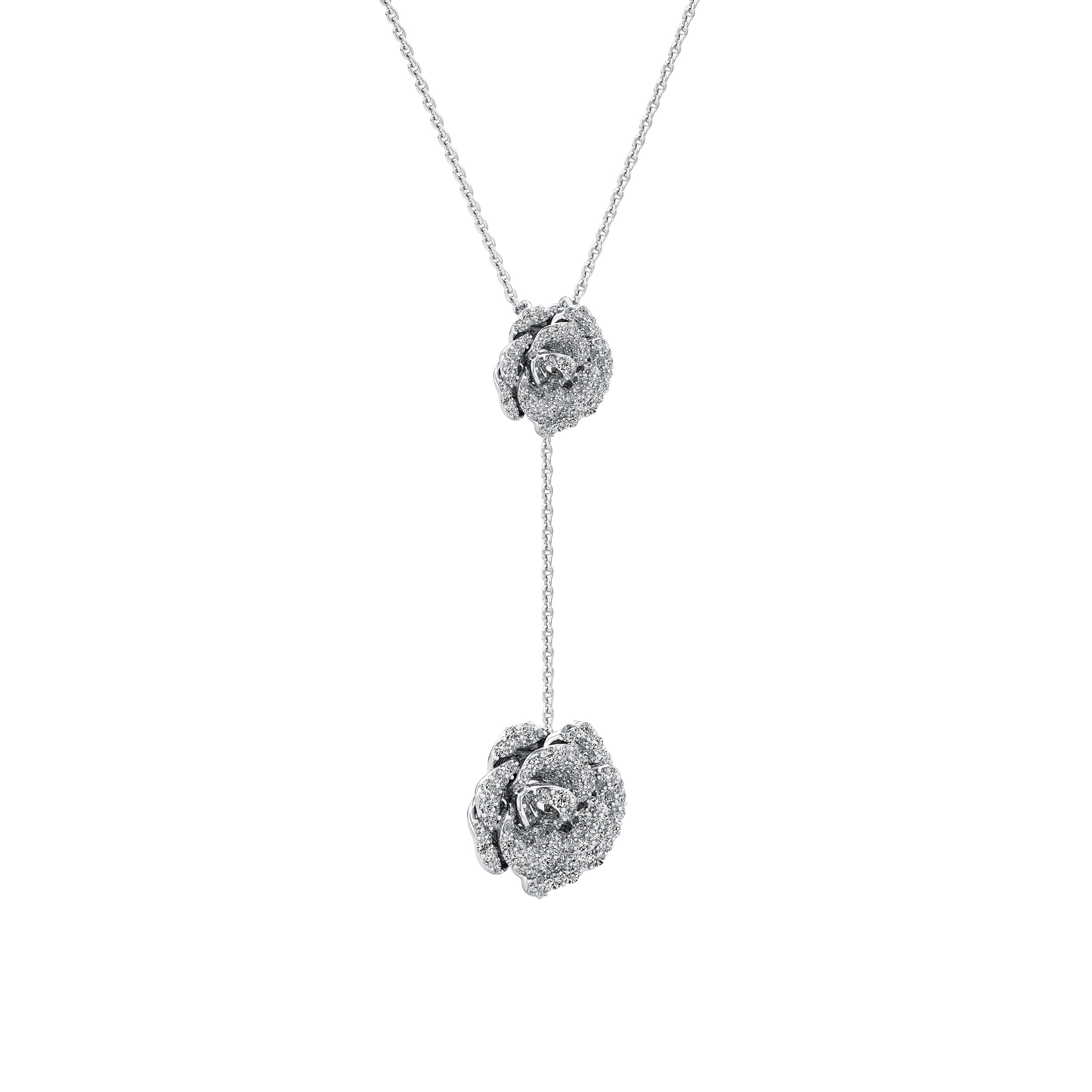Silver necklace with rose-shaped pendants on a white background