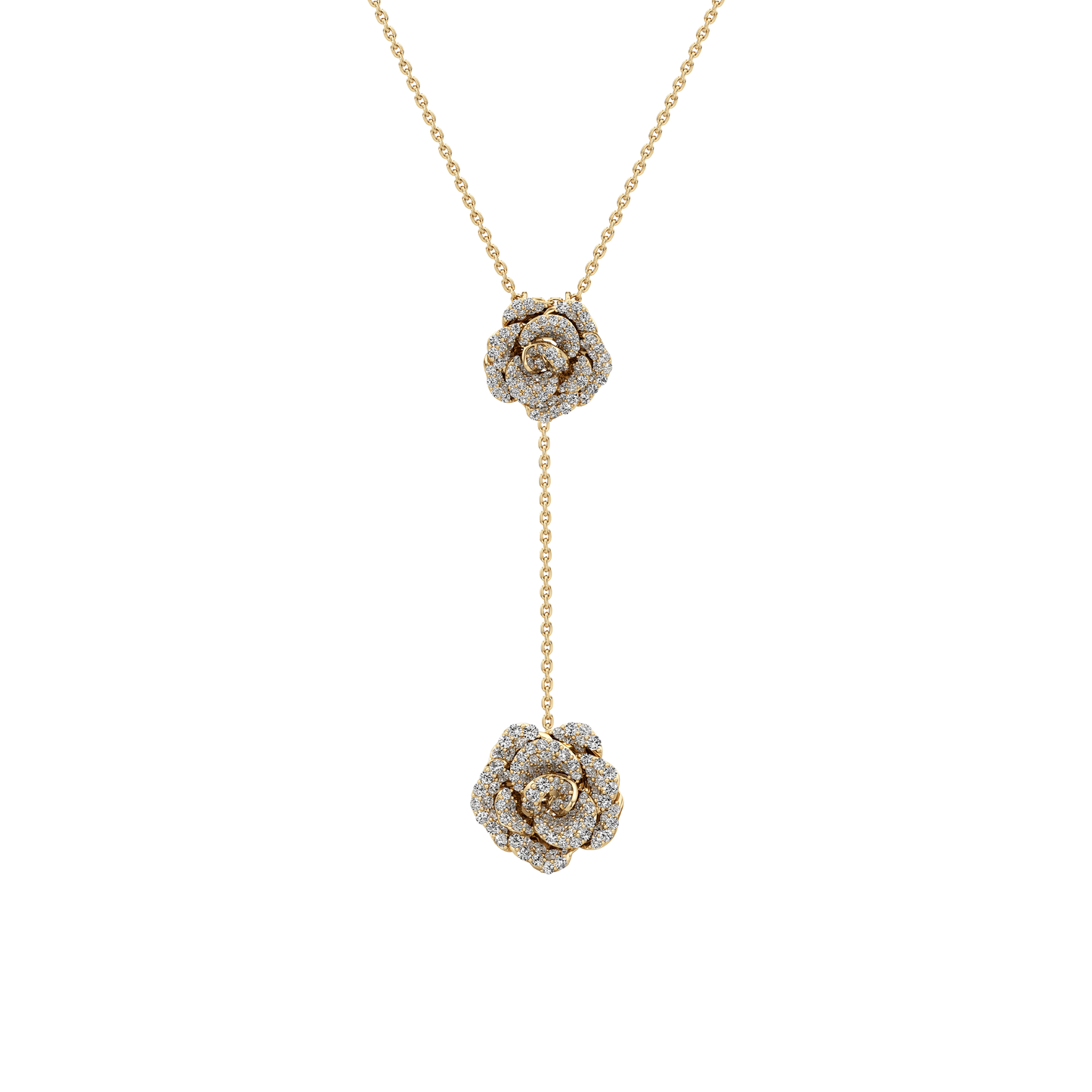 Gold necklace with diamond flower pendants on a white background