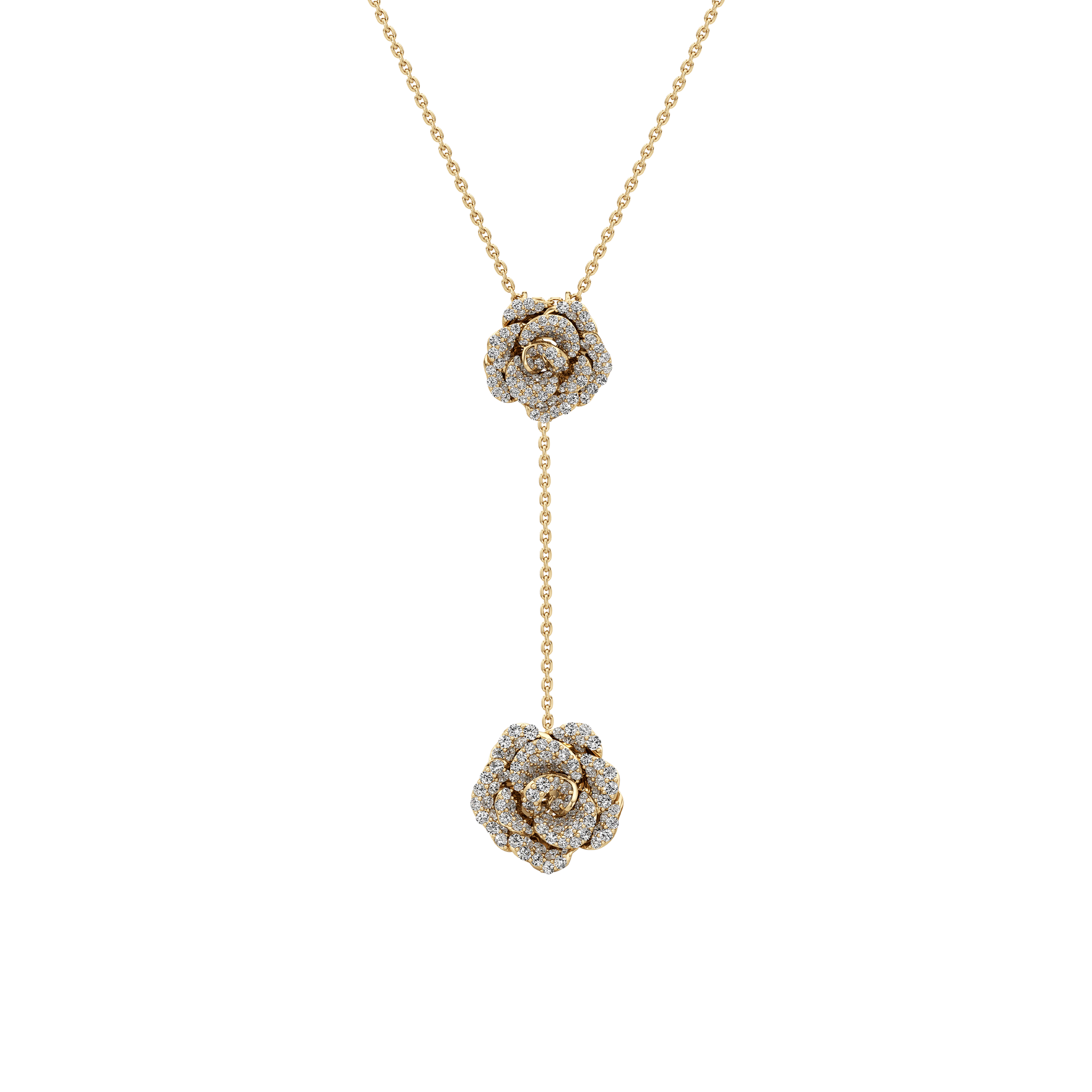 Gold necklace with diamond flower pendants on a white background