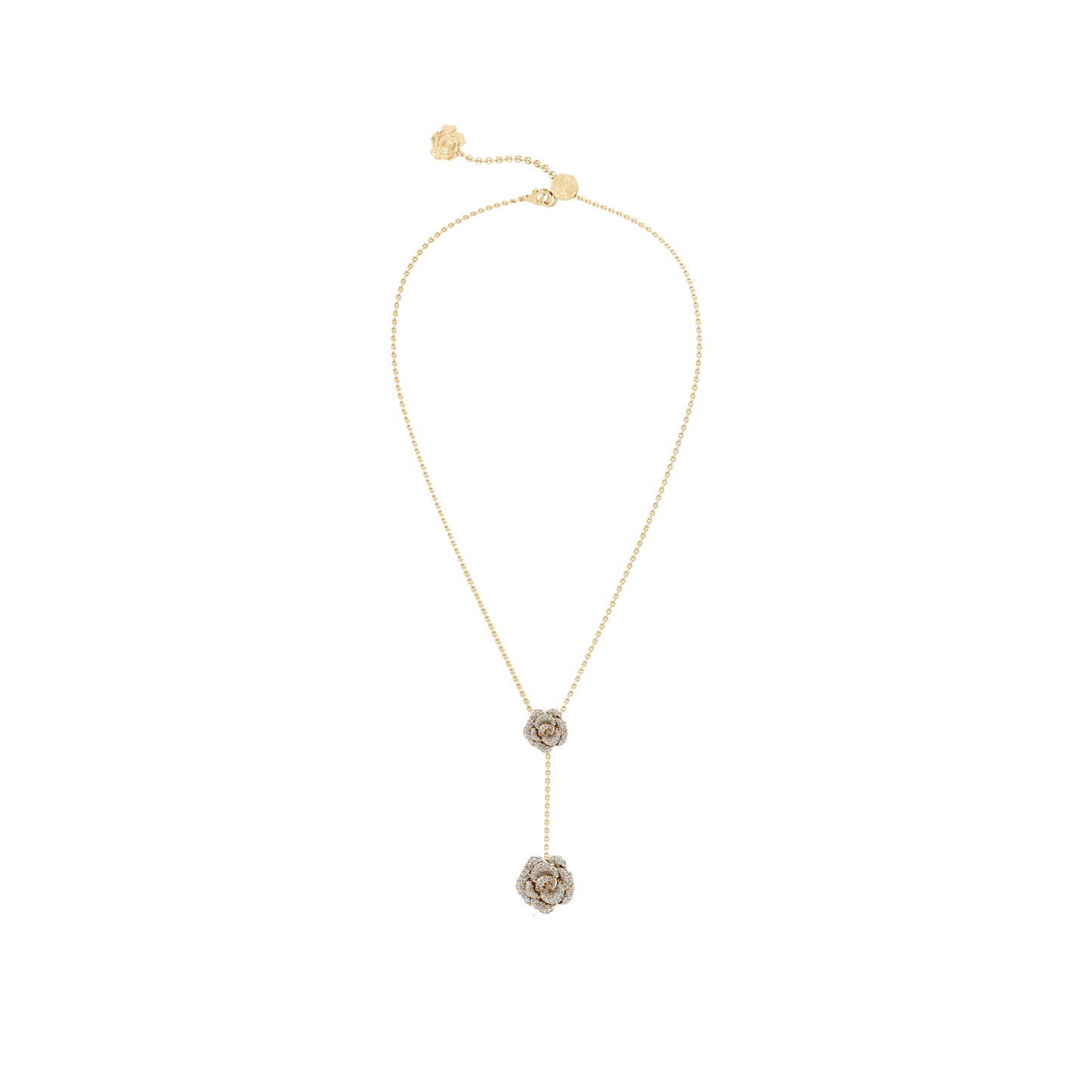 Gold necklace with floral pendants on a white background