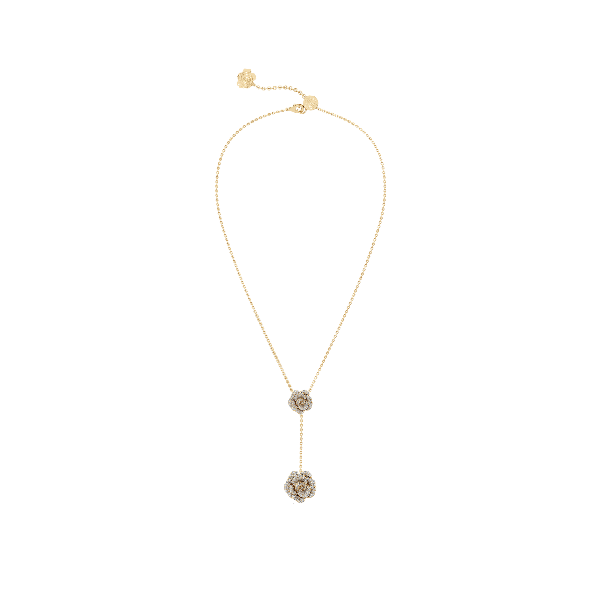 Gold necklace with floral pendants on a white background