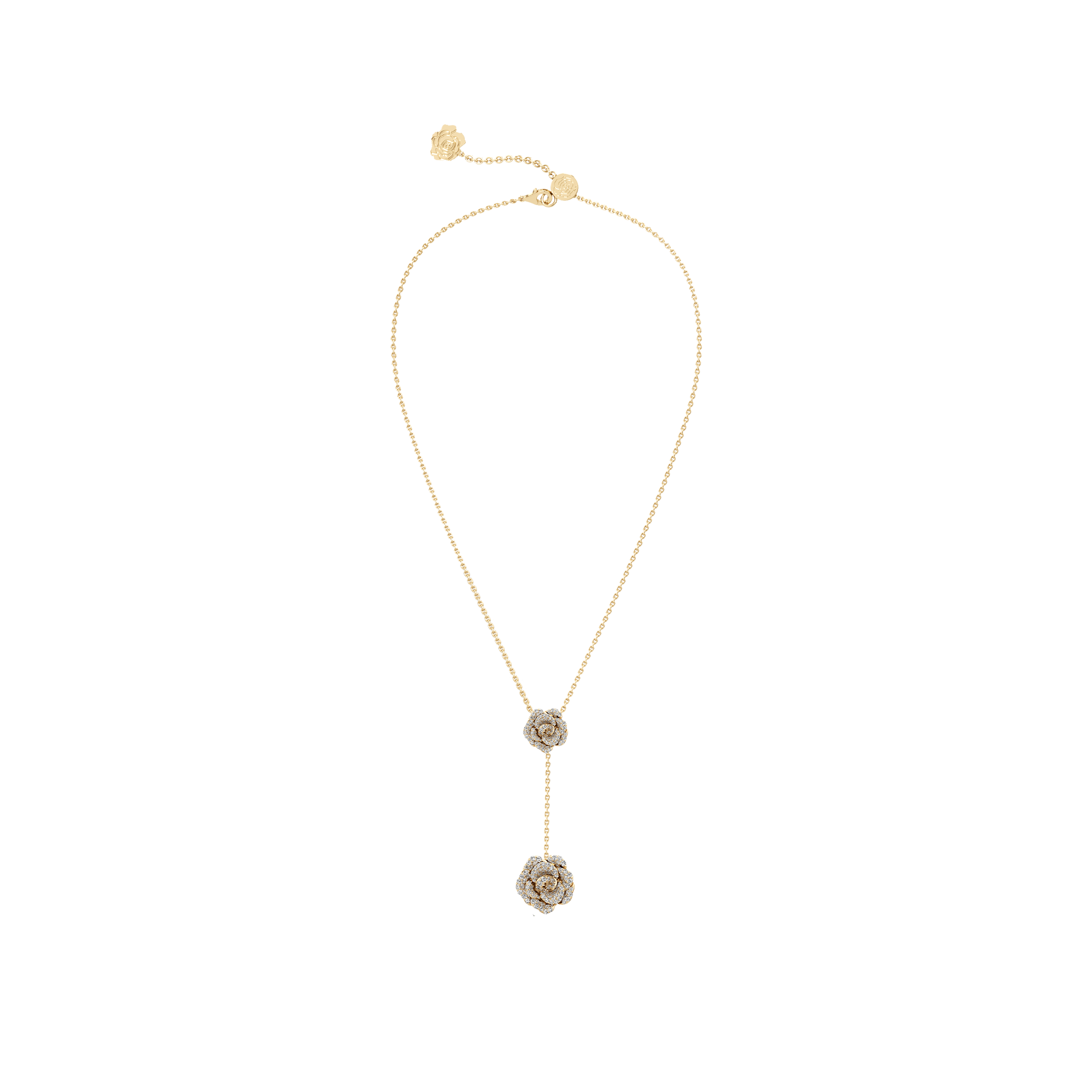 Gold necklace with floral pendants on a white background