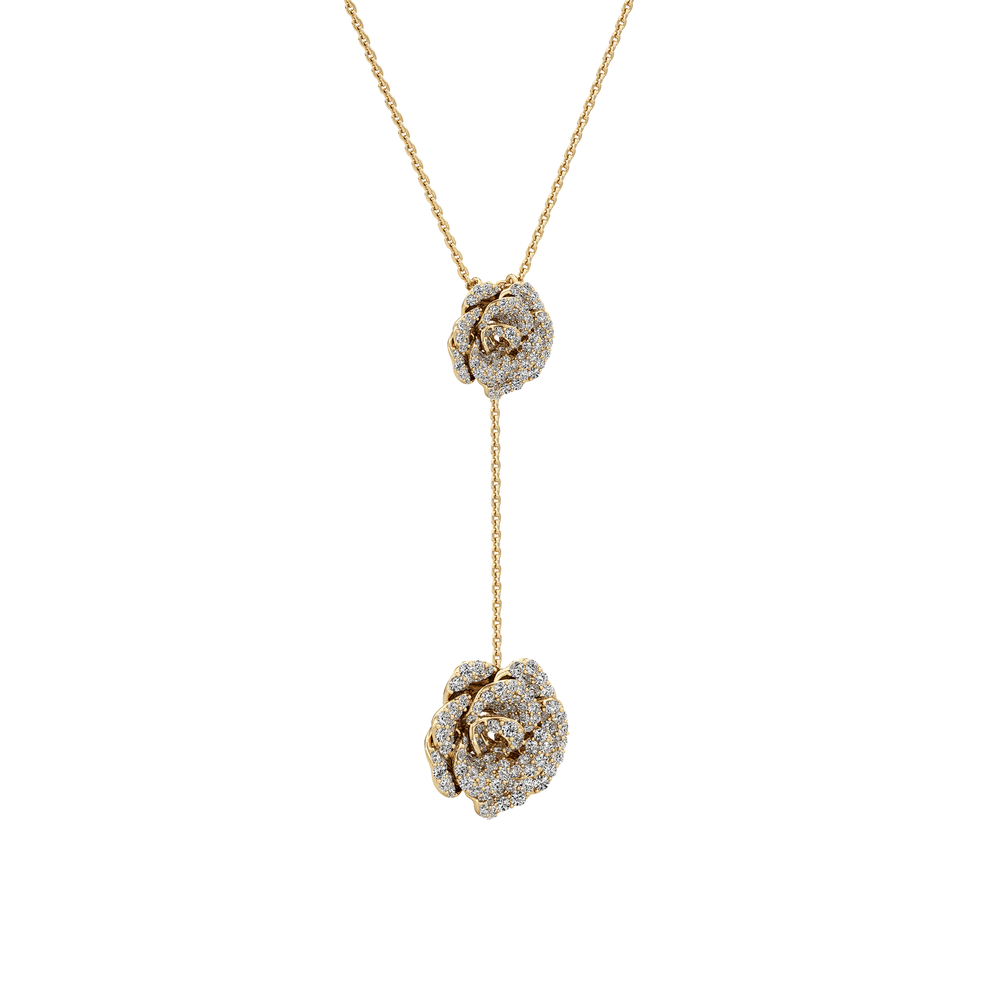 Gold necklace with rose-shaped pendants on a white background