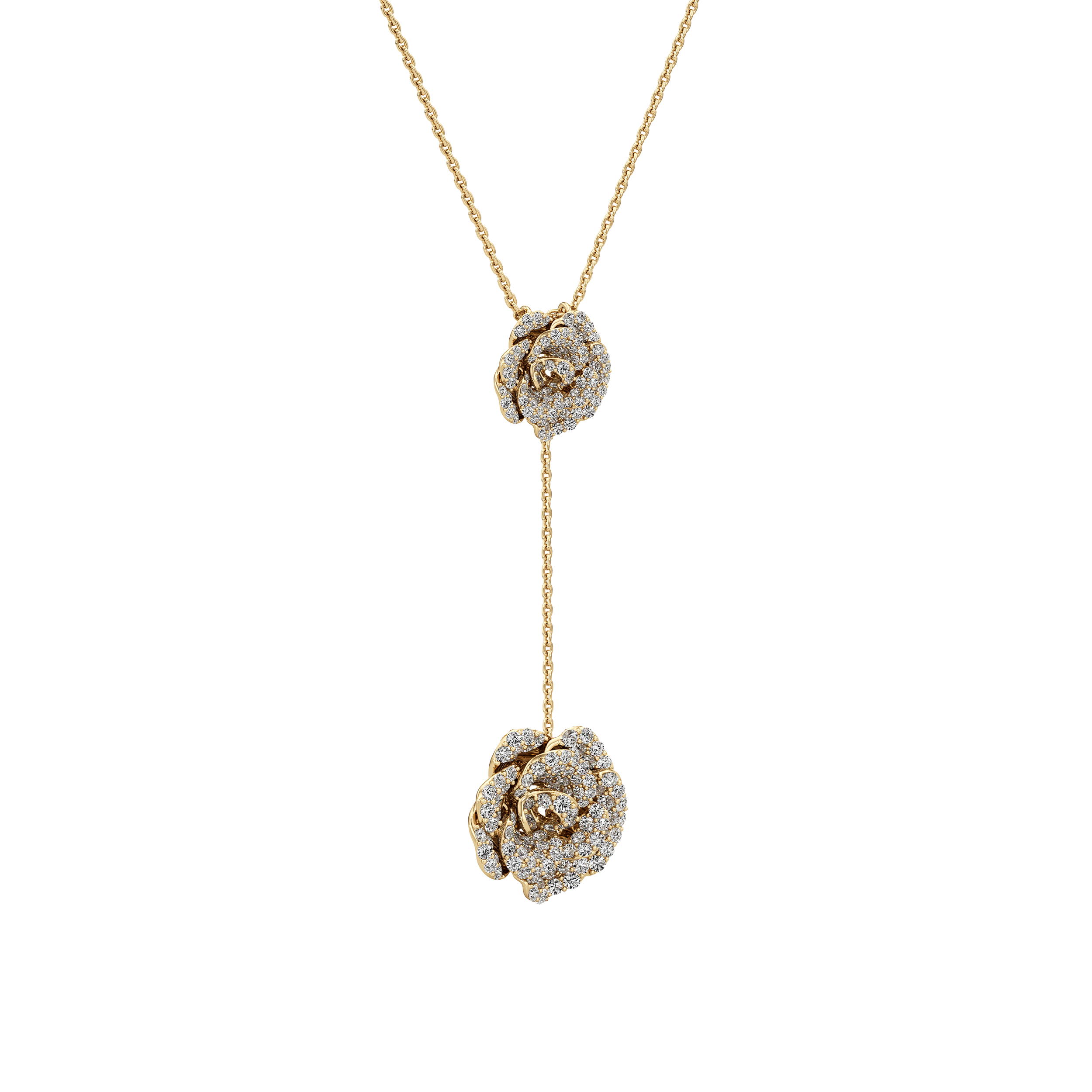 Gold necklace with rose-shaped pendants on a white background