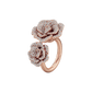 Rose gold ring with diamond-studded rose design on a white background
