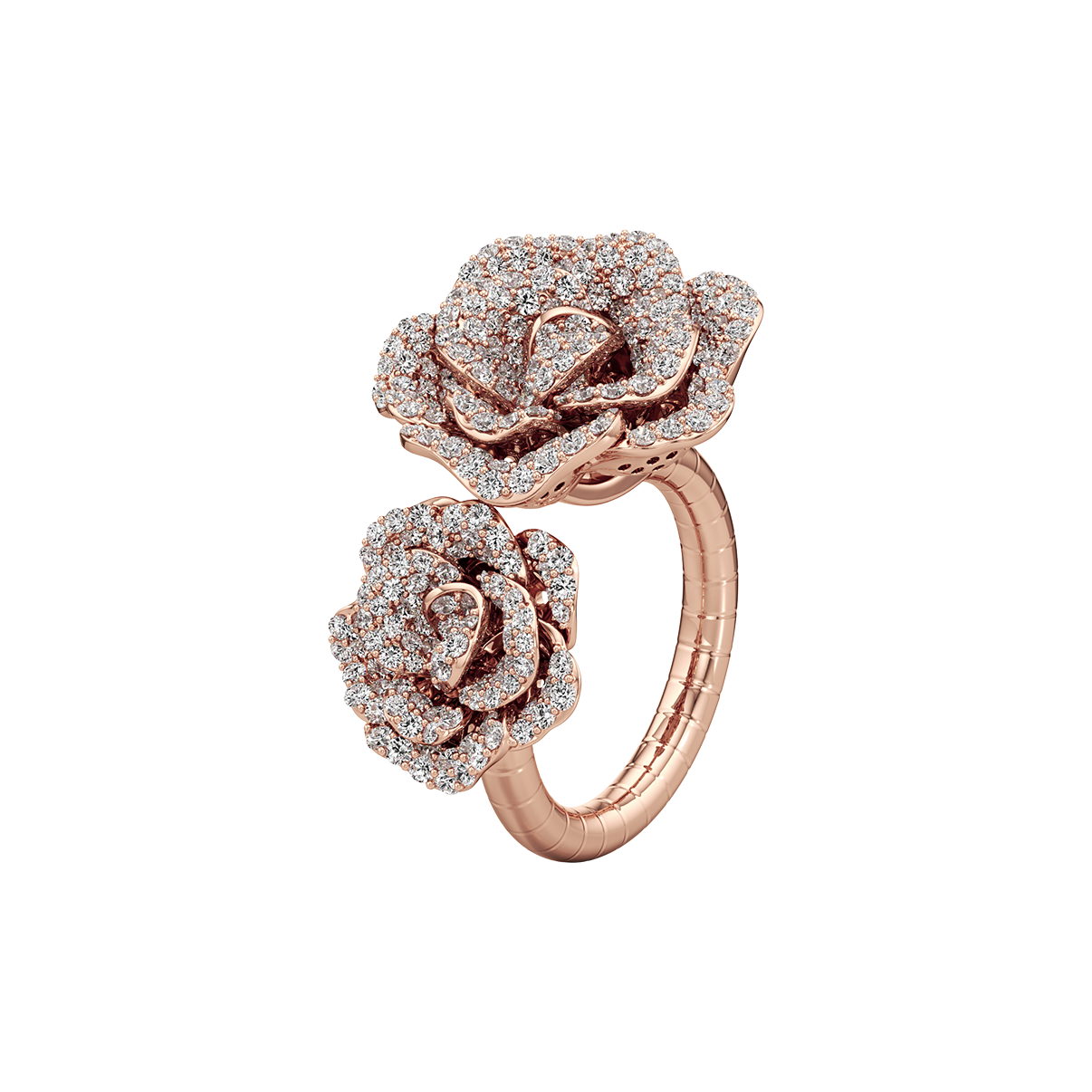 Rose gold ring with diamond-studded rose design on a white background