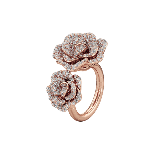Rose gold ring with diamond-studded rose design on a white background