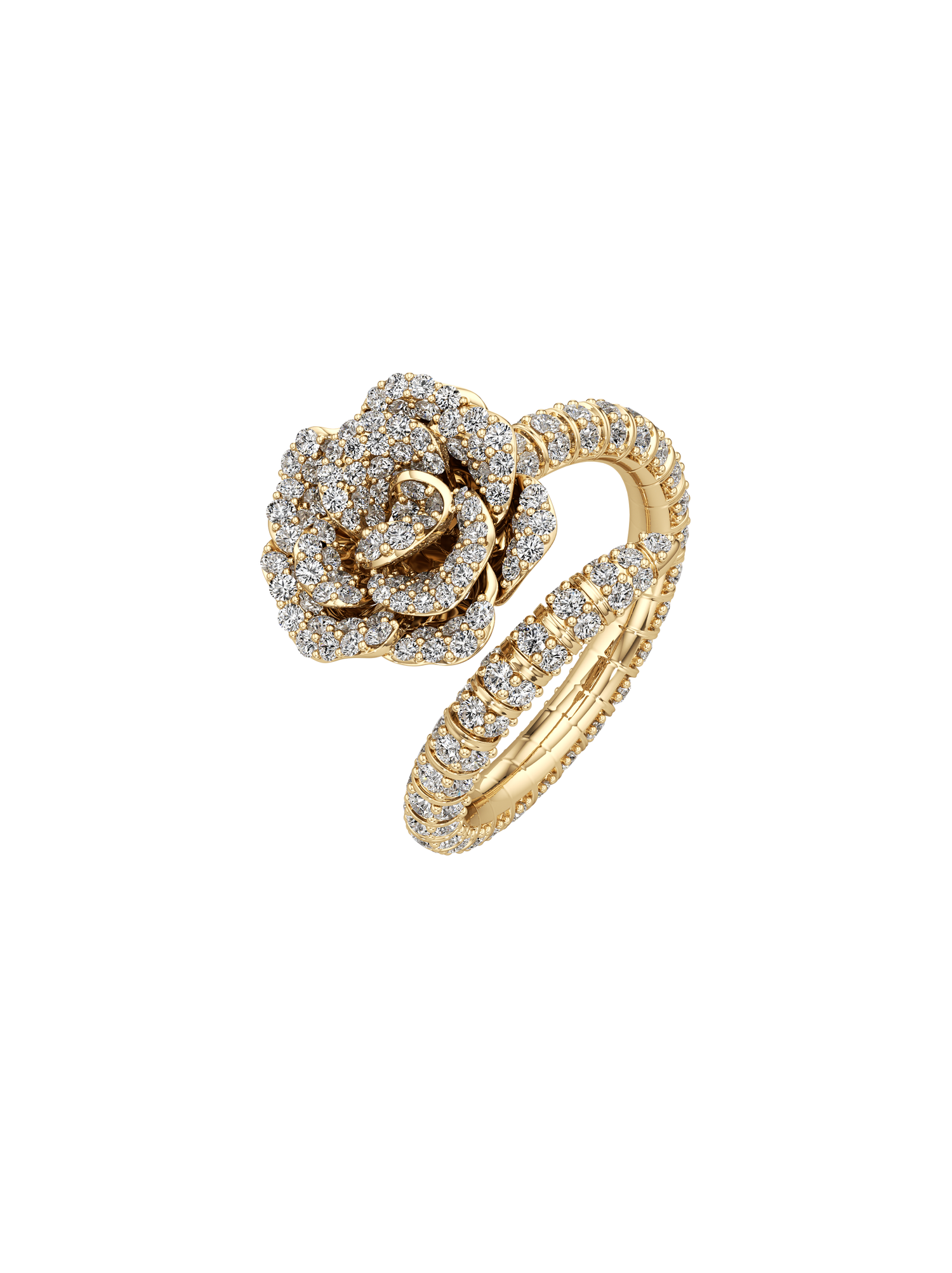 Gold rose-shaped ring with diamond accents on a white background