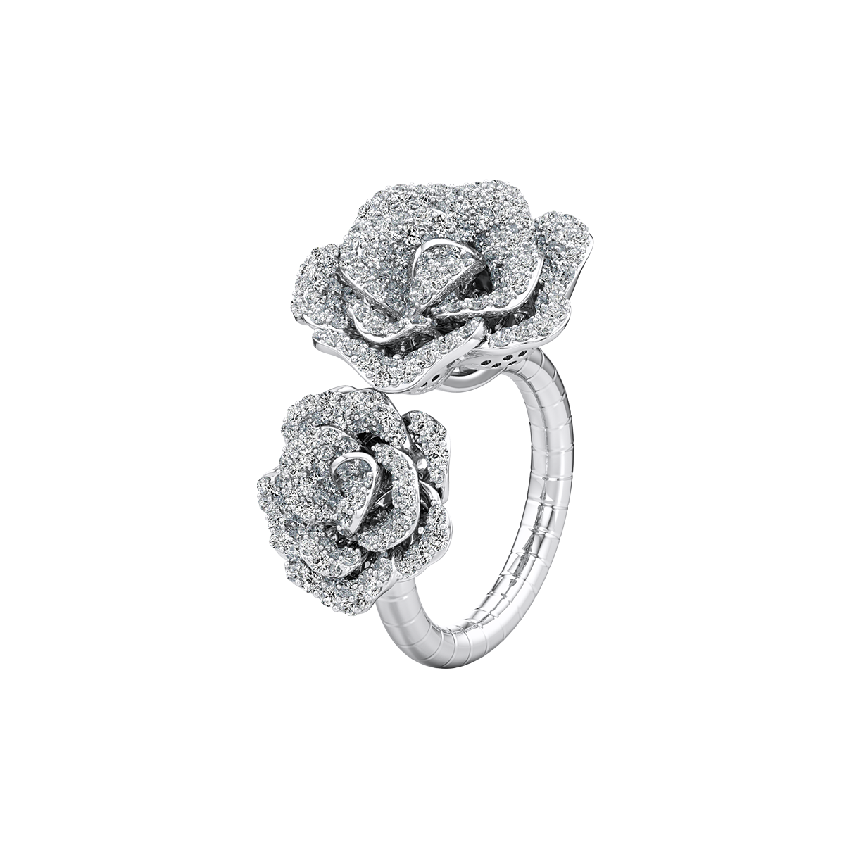 Silver ring with rose-shaped diamond designs on a white background