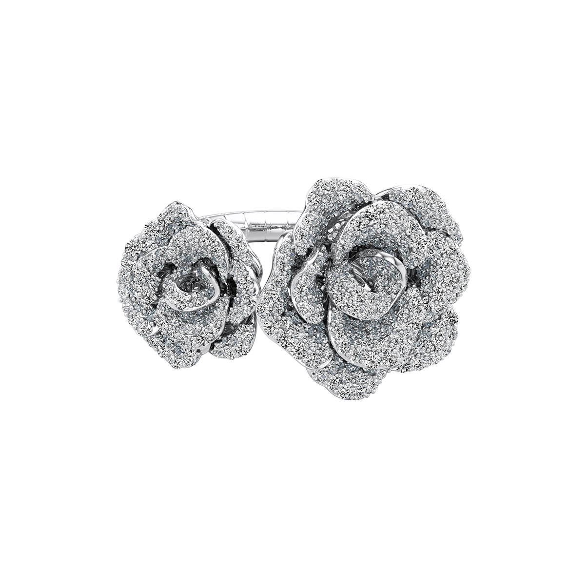 Pair of silver rose-shaped earrings on a white background