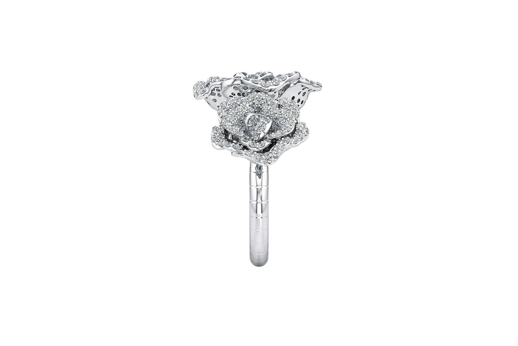 Silver ring with a floral design on a white background