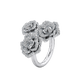 Silver ring with rose-shaped diamond designs on a white background