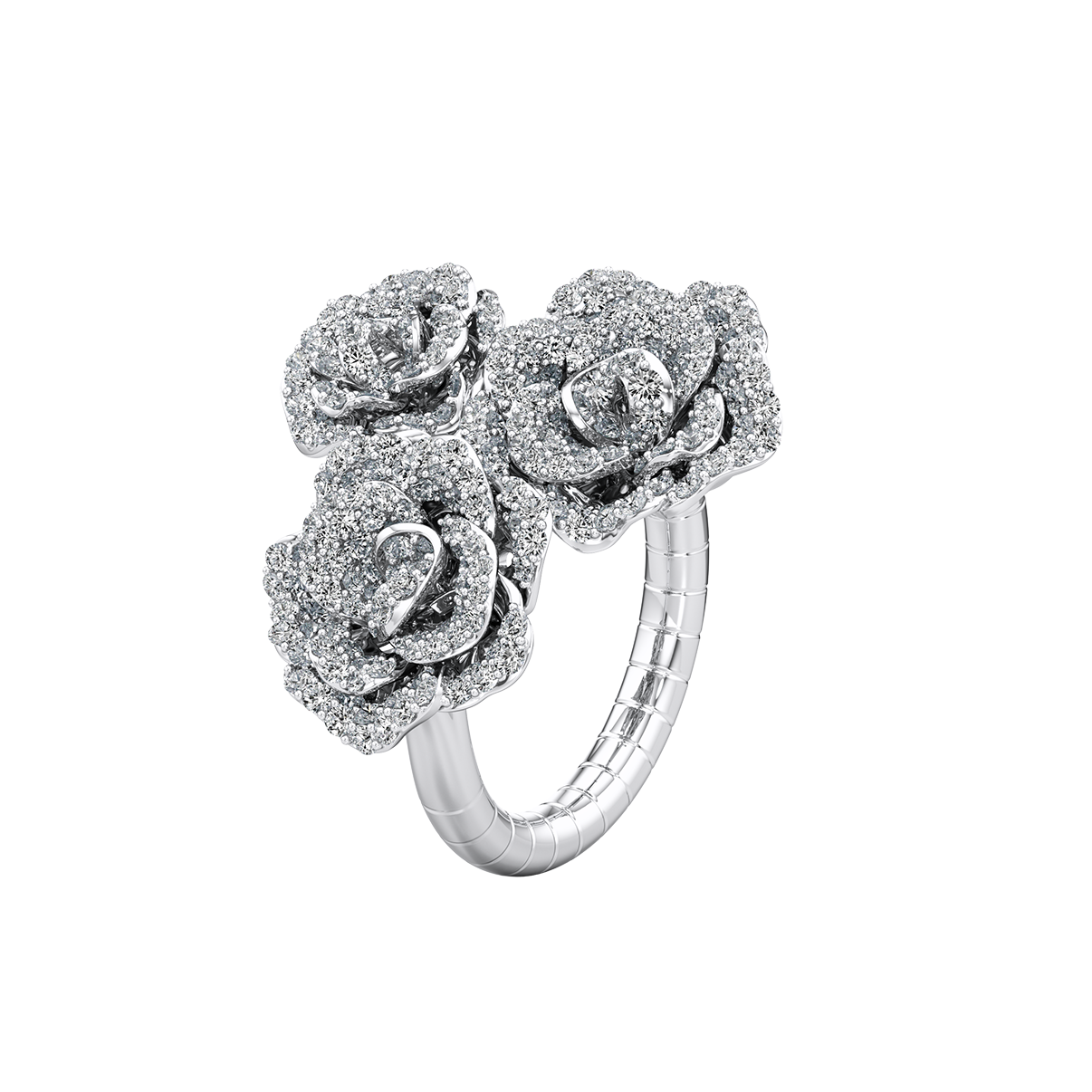 Silver ring with rose-shaped diamond designs on a white background