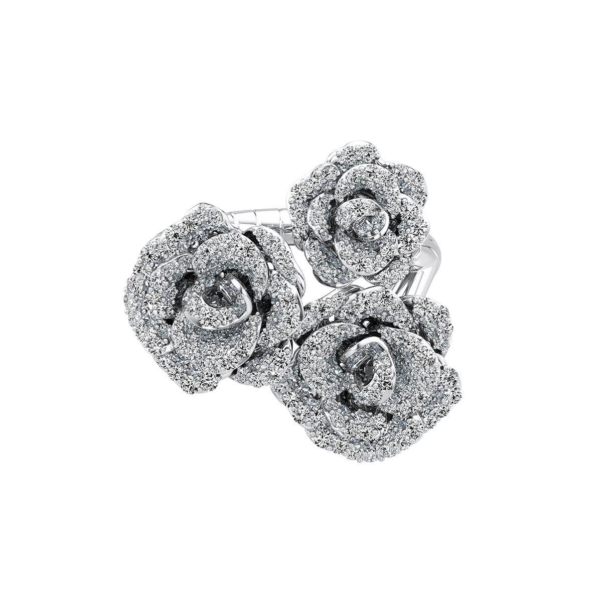 Silver ring with rose-shaped gemstones on a white background