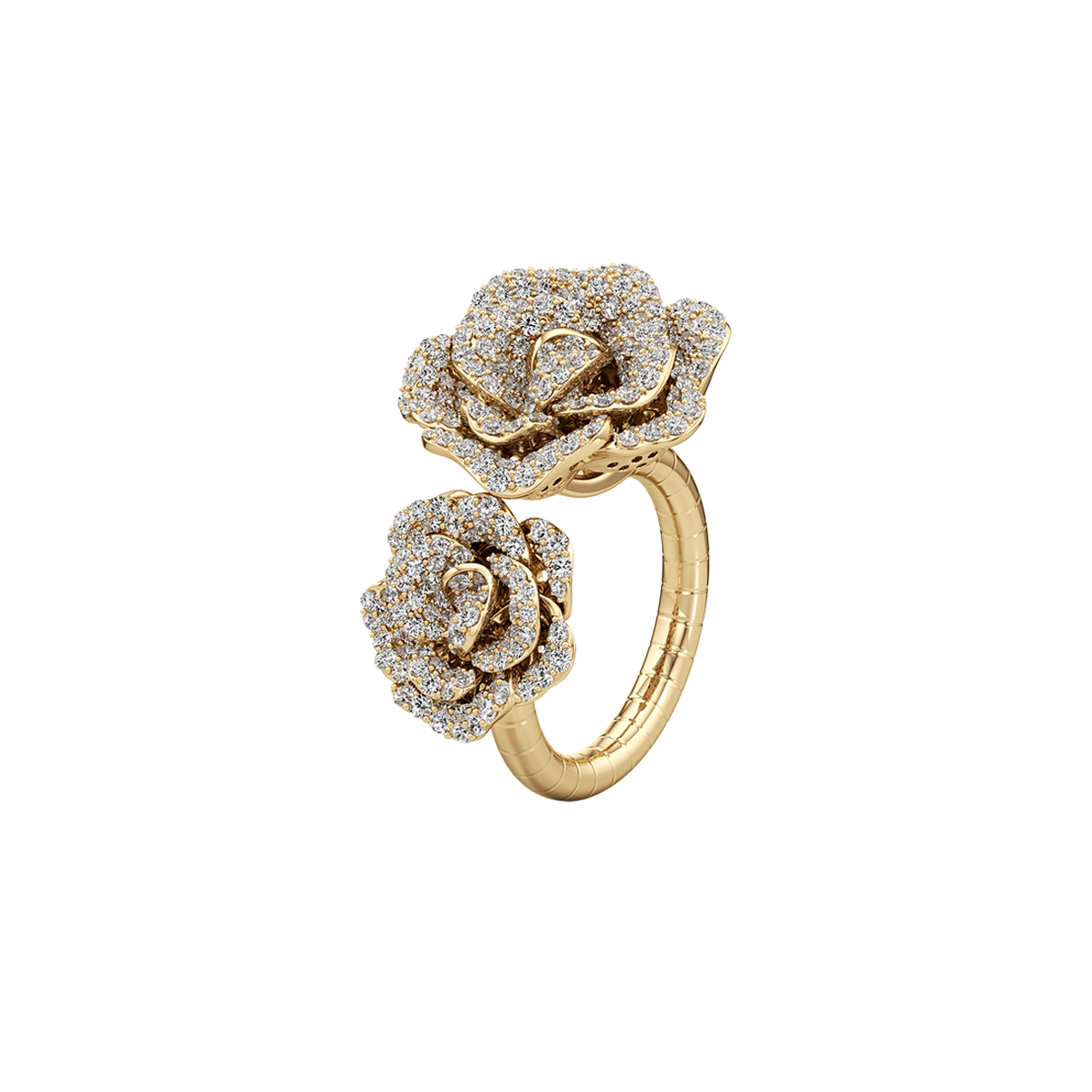 Gold ring with diamond-studded rose designs on a white background
