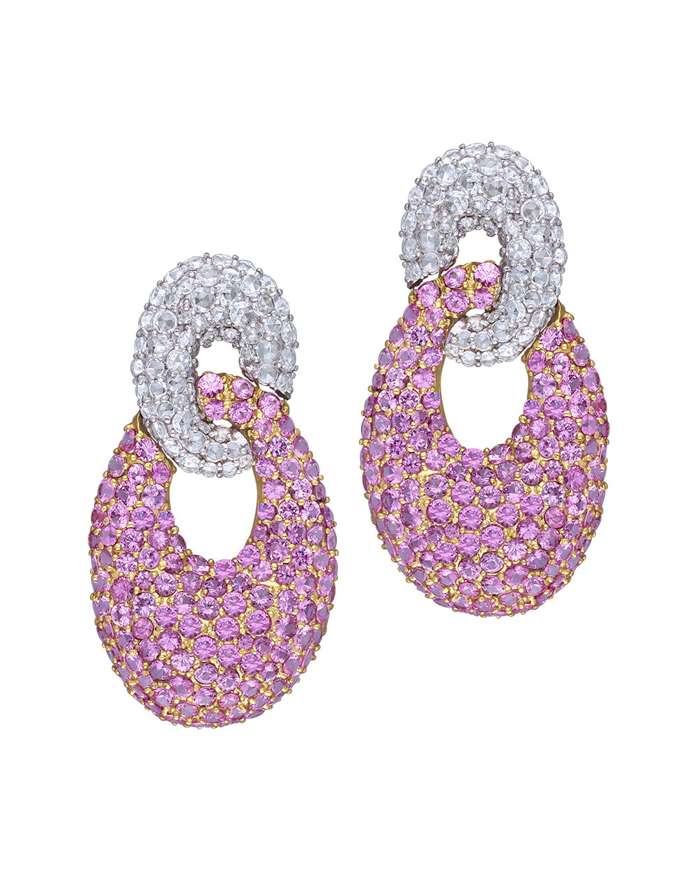 Pair of earrings with pink and gold stones on a white background