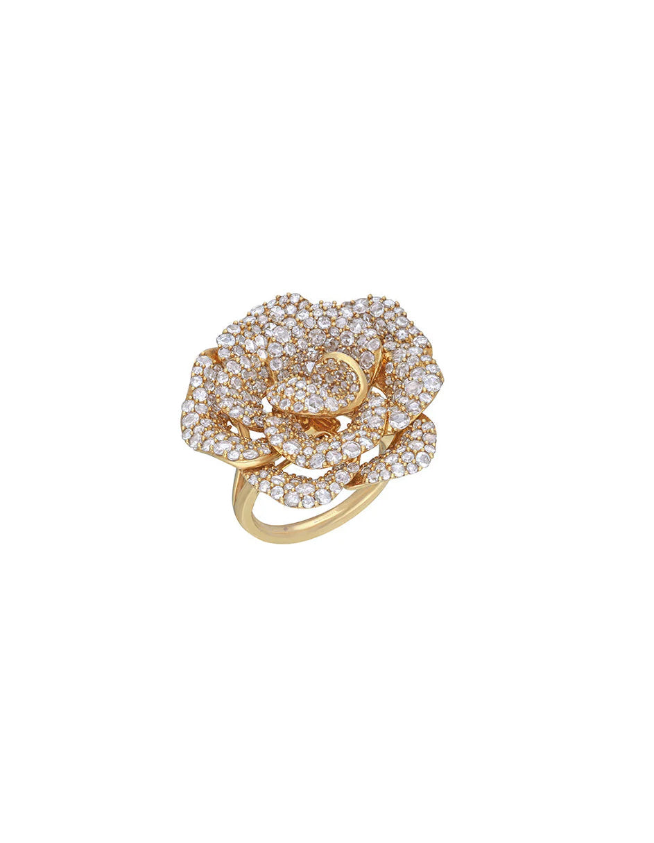 Gold ring with diamond rose flower design on a white background