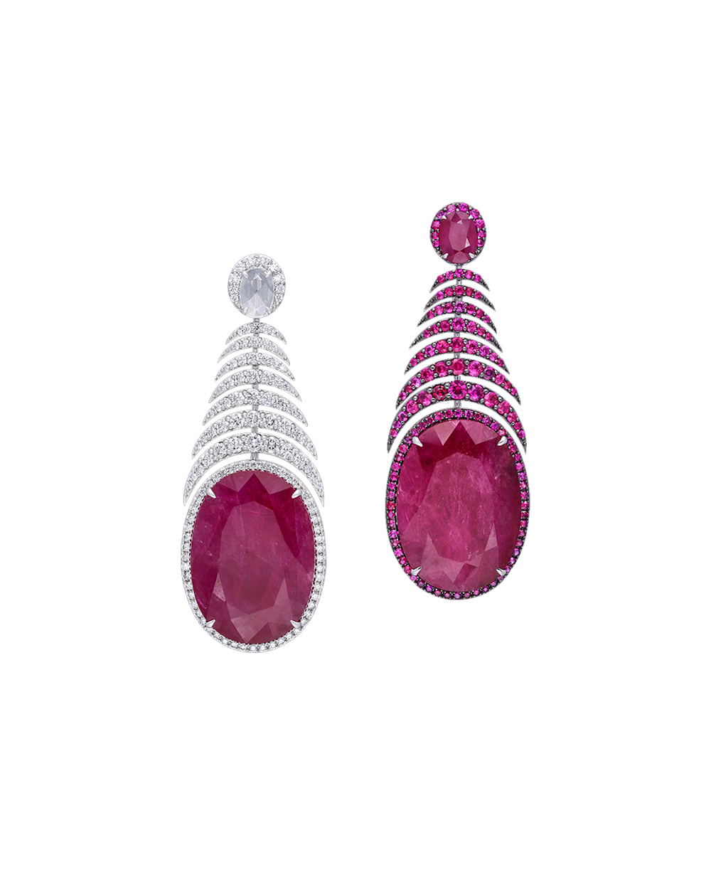 Pair of earrings with large pink gemstones on a white background