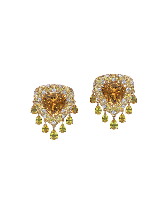 Pair of gold earrings with heart-shaped sapphire gemstones 