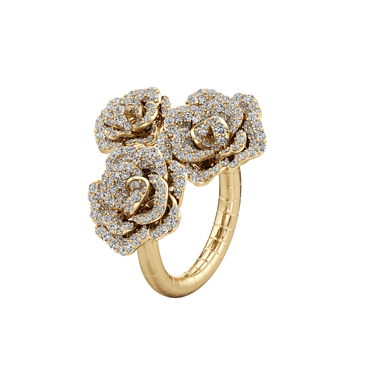 Gold ring with rose-shaped diamonds on a white background